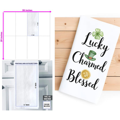 St.Patricks Day Tea Towel - Lucky Charmed Blessed Kitchen Towel - Irish Decor, Shamrock Gift - Flour Sack Organic Cotton Tea Towel