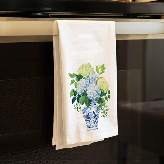 Blue Ginger Jar Kitchen Towel with Flowers - Chinoiserie Hydrangea Tea Towel - Kitchen Decor Gift