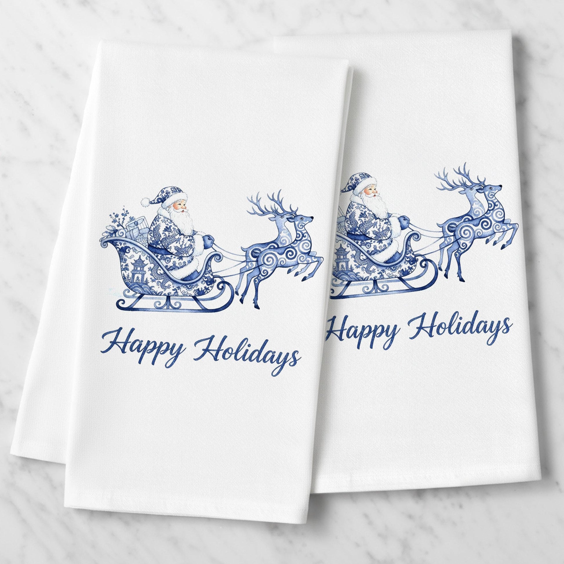 Chinoiserie Santa Sleigh Christmas Tea Towel - organic cotton flour sack kitchen towel