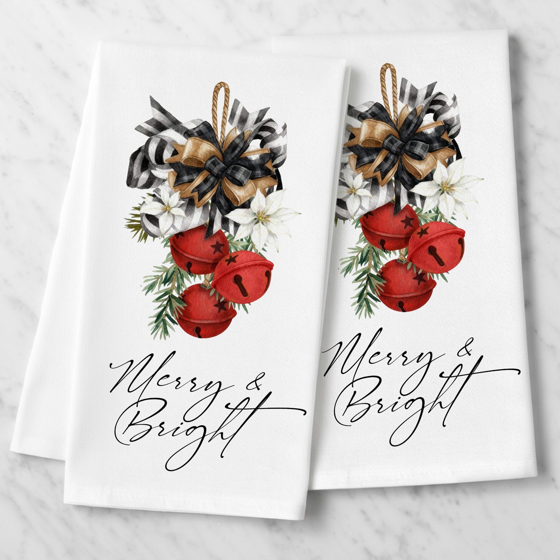 Jingle Bell Poinsettia Holiday Tea Towel - organic cotton flour sack kitchen towel