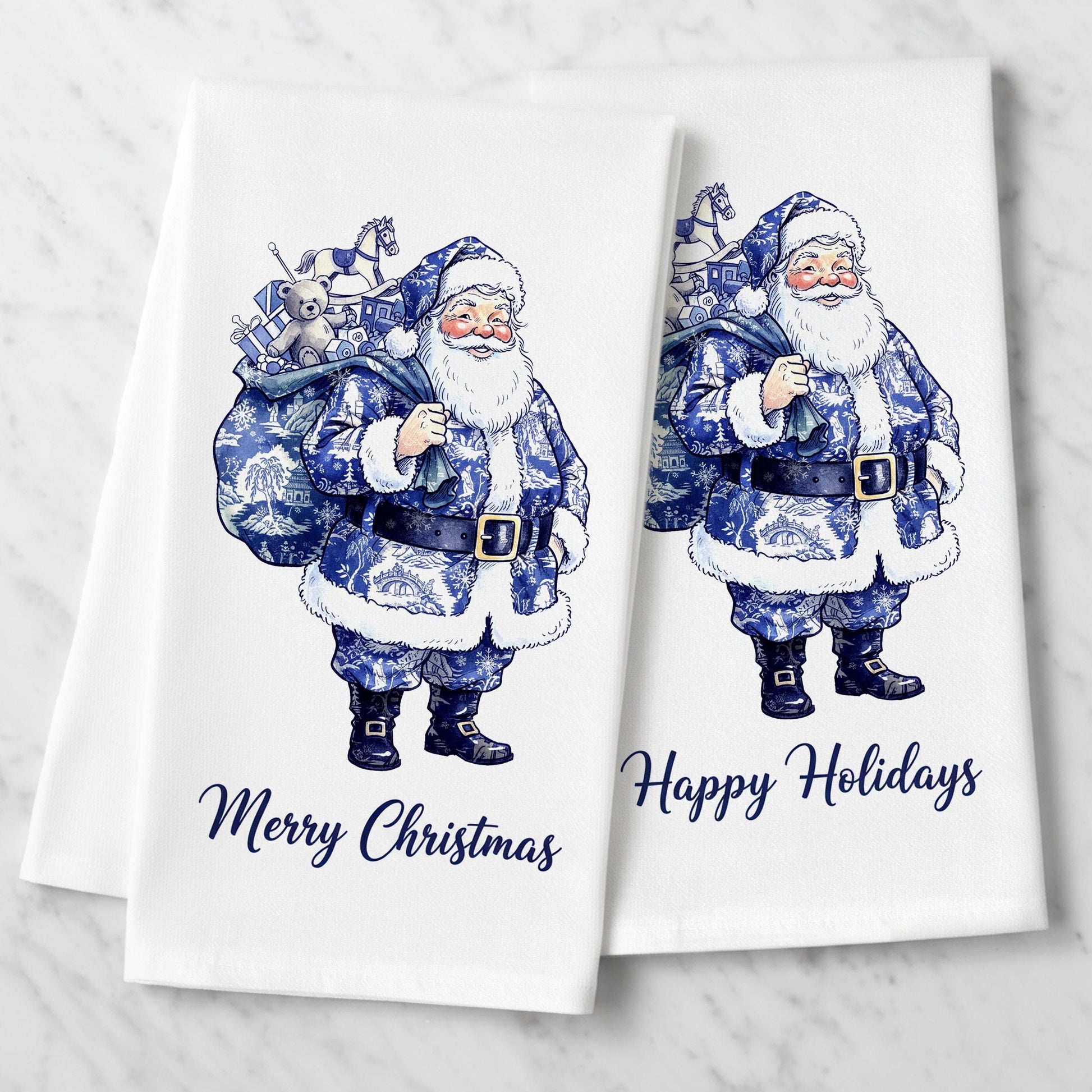 Chinoiserie Blue and White Santa with Christmas Gifts - organic cotton flour sack kitchen towel