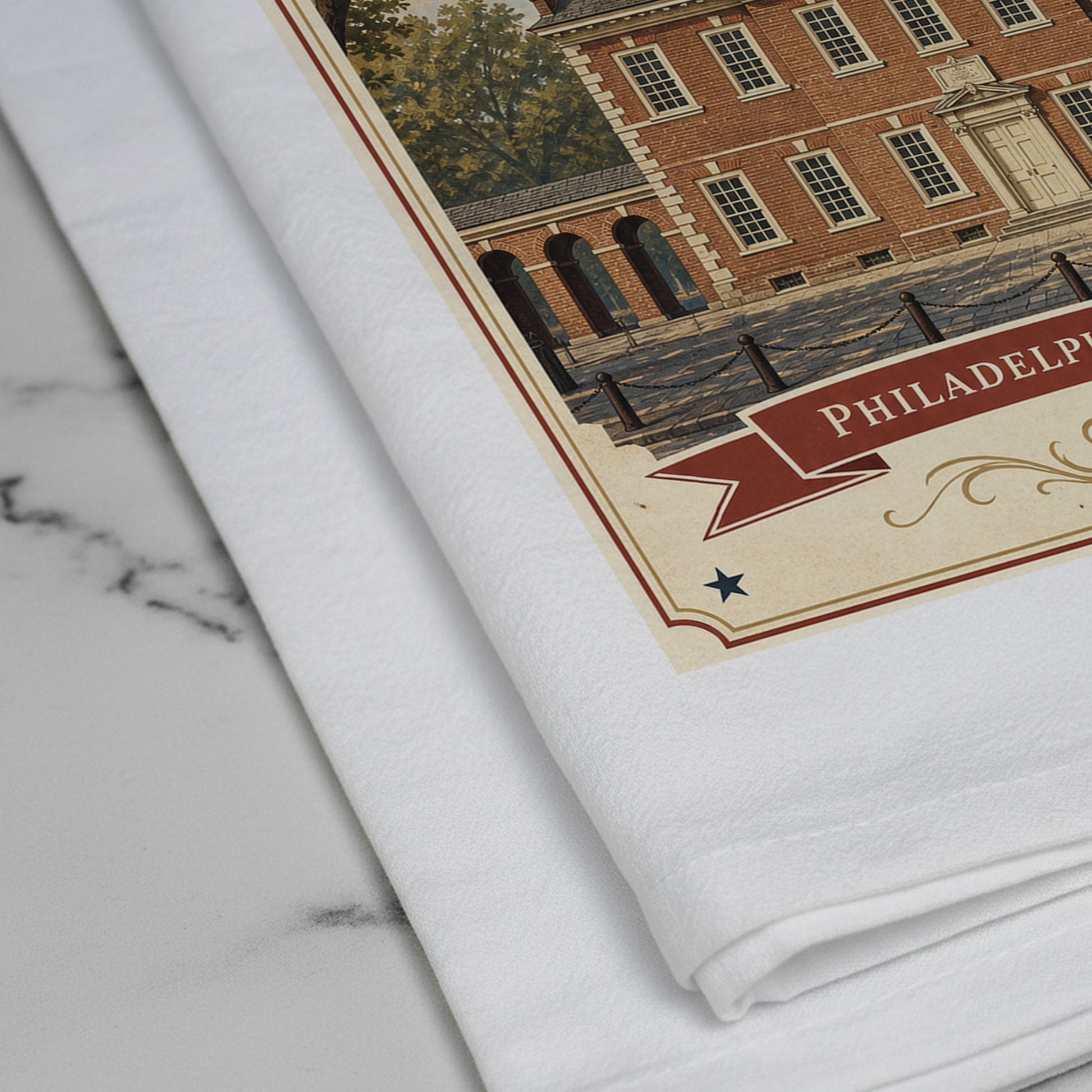 Close up of Independence Hall postcard tea towel artwork on white cotton