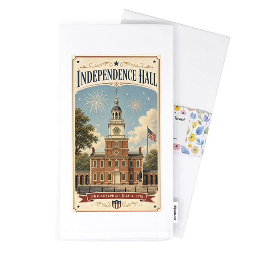 Folded Independence Hall postcard tea towel detail
