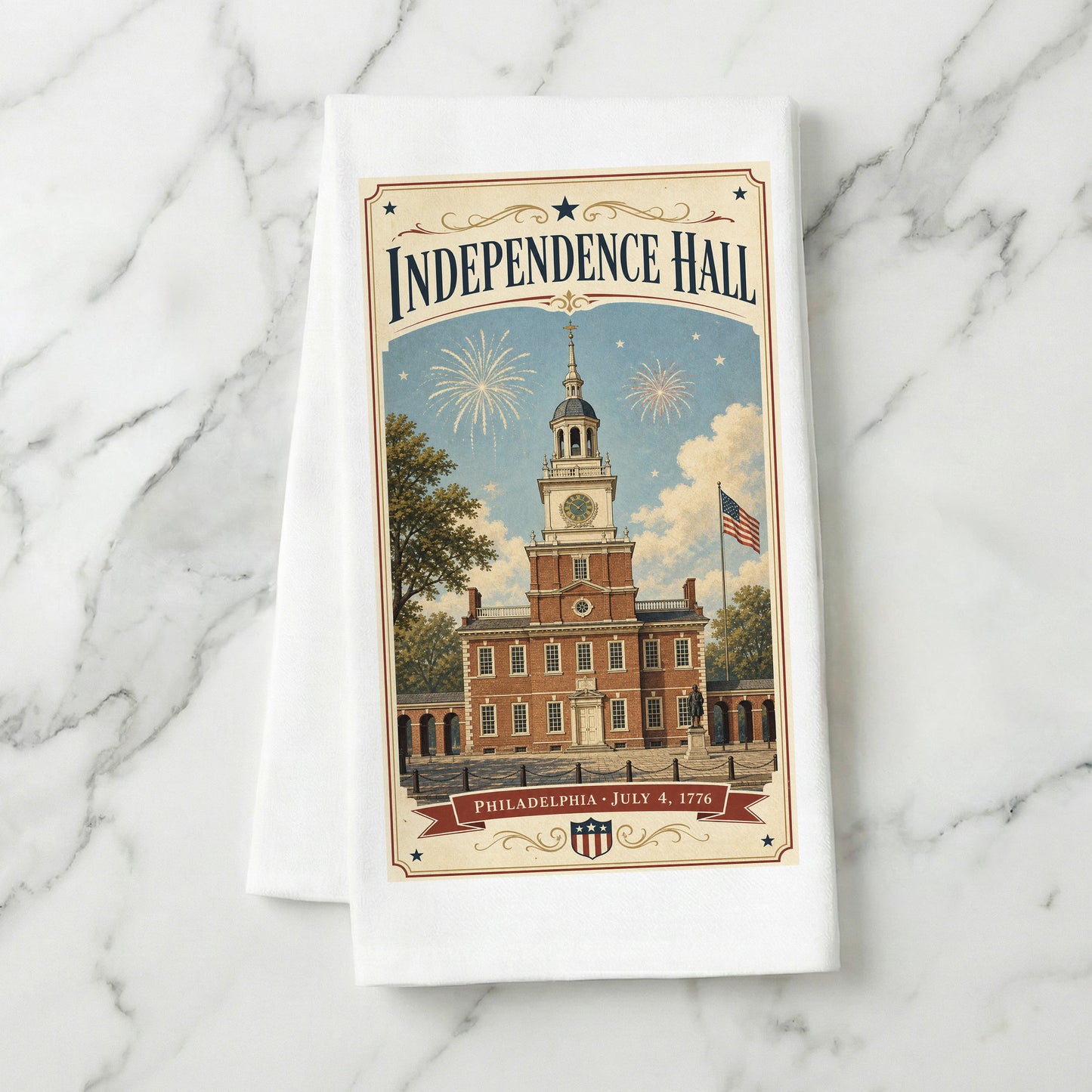 Independence Hall postcard tea towel styled on marble