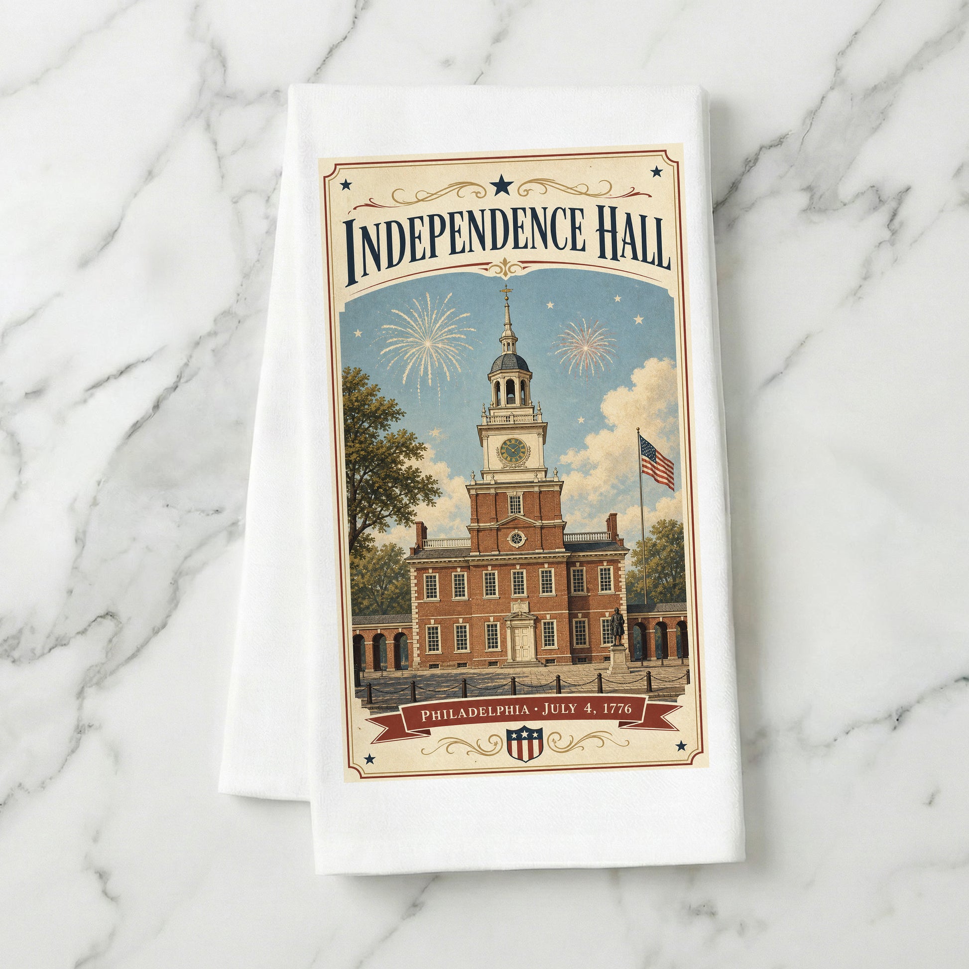 Independence Hall postcard tea towel styled on marble