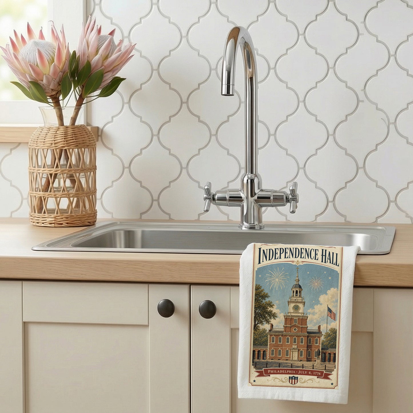 Independence Hall postcard tea towel styled by a kitchen sink