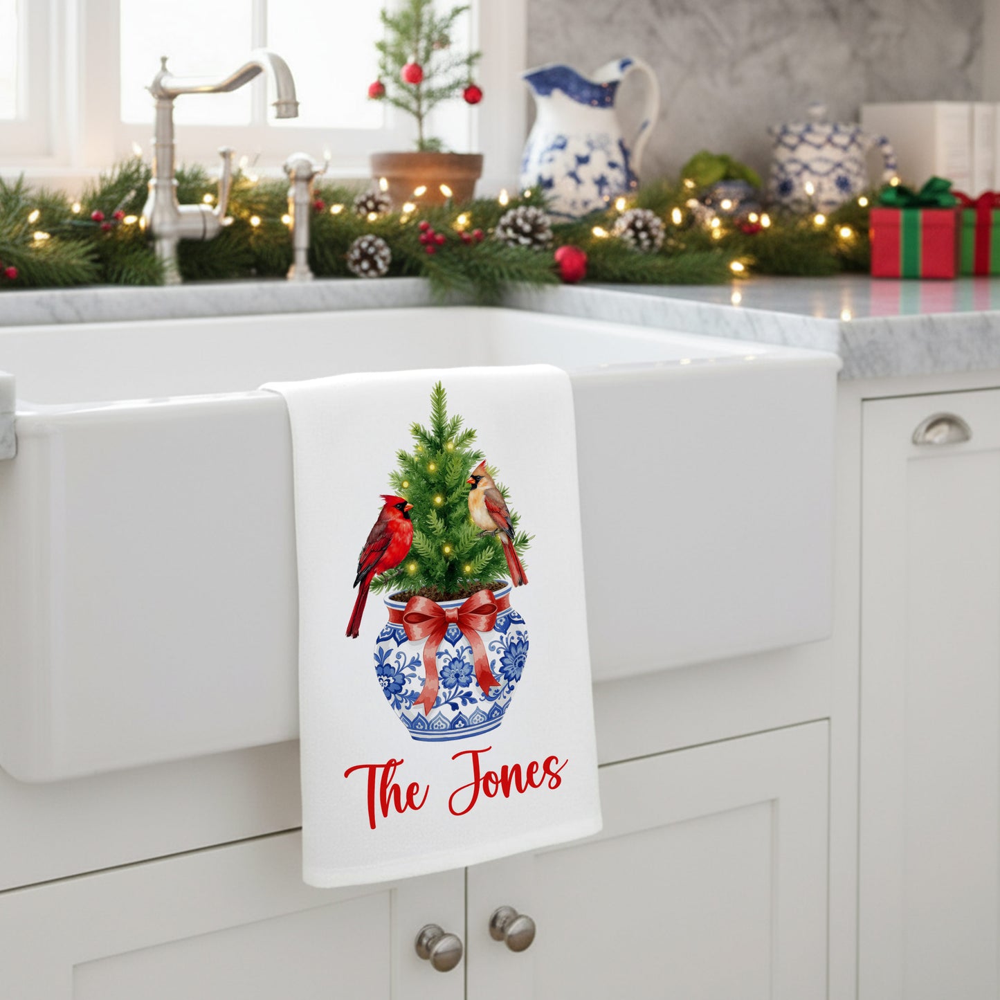 Chinoiserie Christmas Tree with Cardinals in Blue and White Vase Tea Towel