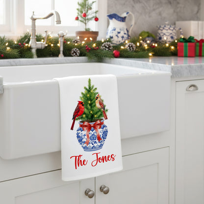 Chinoiserie Christmas Tree with Cardinals in Blue and White Vase Tea Towel