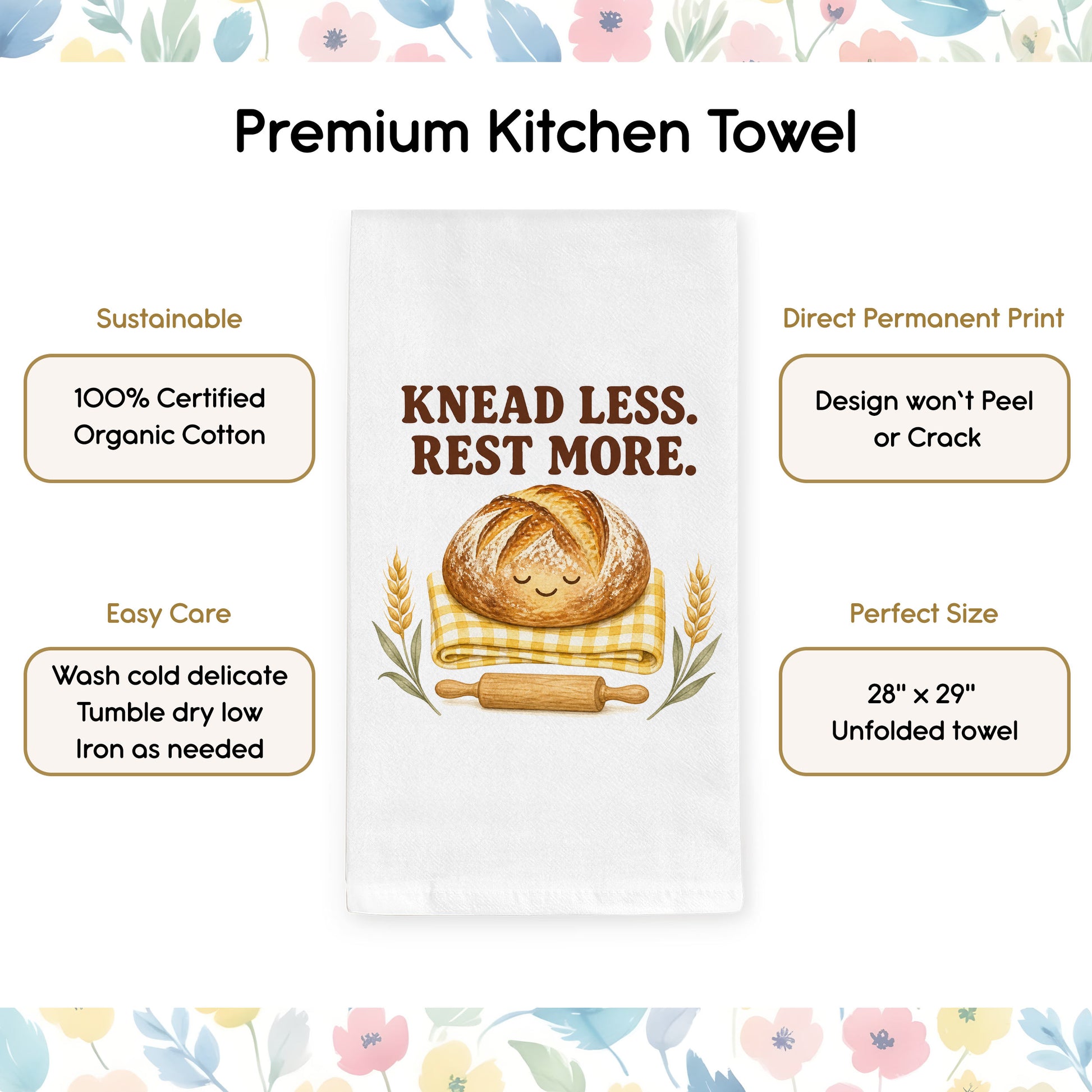 Product benefits graphic for the Knead Less Rest More tea towel highlighting organic cotton, hemmed edges, and a hanging loop.