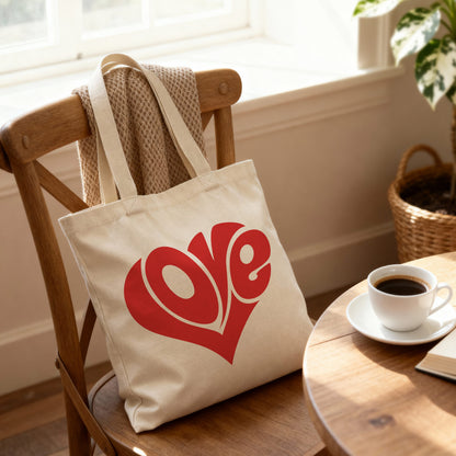 Love Cotton Canvas Tote Bag - Valentine's Day Gift - Reusable Eco-Friendly Durable Bag - Red Love Heart Design