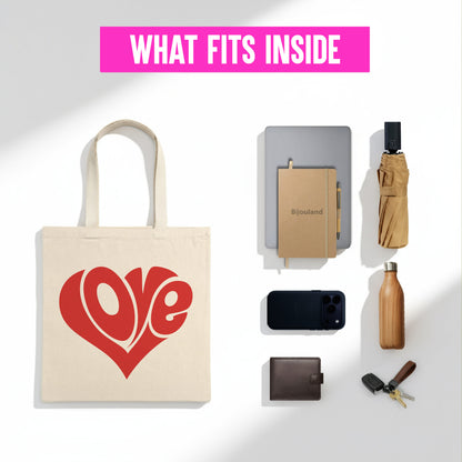 Love Cotton Canvas Tote Bag - Valentine's Day Gift - Reusable Eco-Friendly Durable Bag - Red Love Heart Design