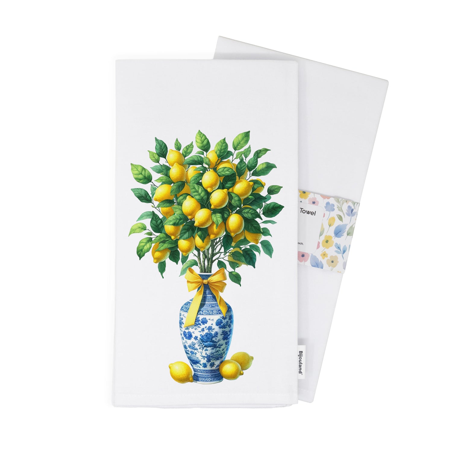 Lemon Tree Tea Towel in Blue and White Chinoiserie Vase - organic cotton flour sack kitchen towel