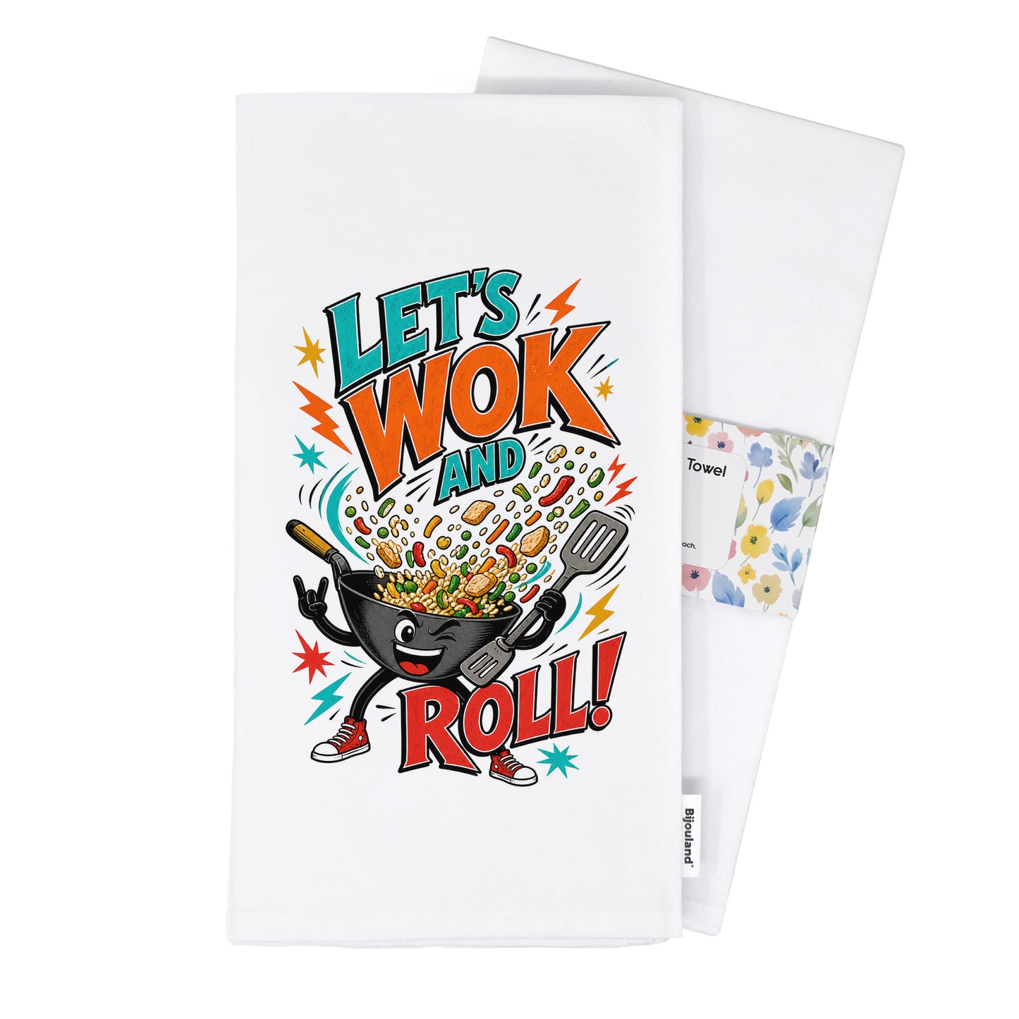 Folded Let's Wok and Roll funny wok cooking pun tea towel presented with its paper belly band.