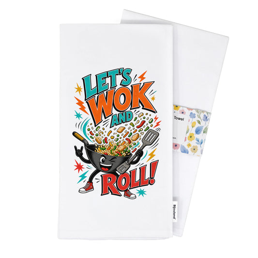 Folded Let's Wok and Roll funny wok cooking pun tea towel presented with its paper belly band.