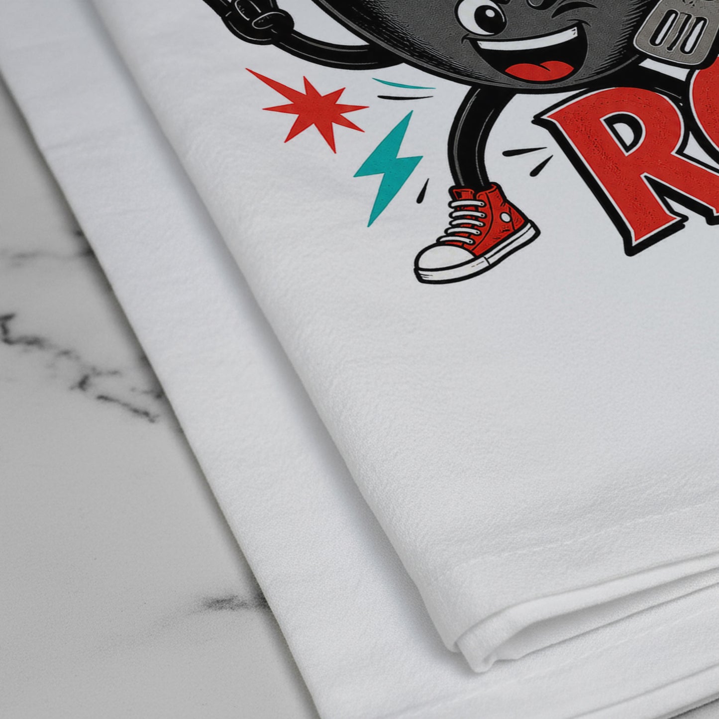 Close-up of the Let's Wok and Roll funny wok cooking pun artwork printed on organic cotton flour sack fabric.