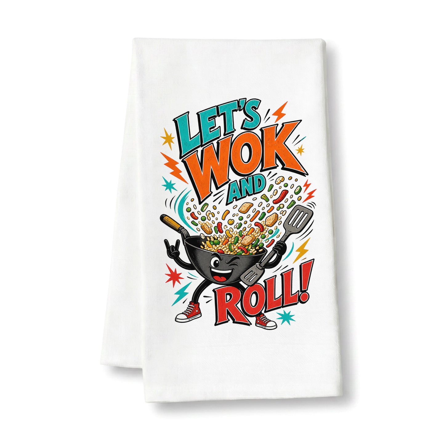 White organic cotton kitchen towel printed with the complete Let's Wok and Roll funny wok cooking pun design on a clean background.