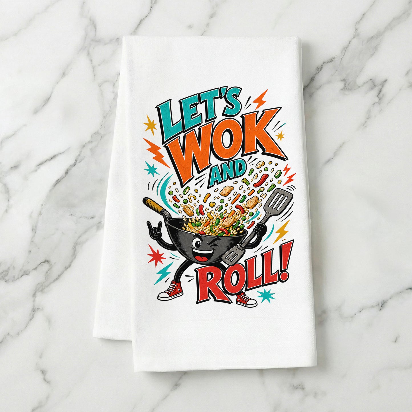 Let's Wok and Roll funny wok cooking pun organic cotton kitchen towel styled on a white marble surface.