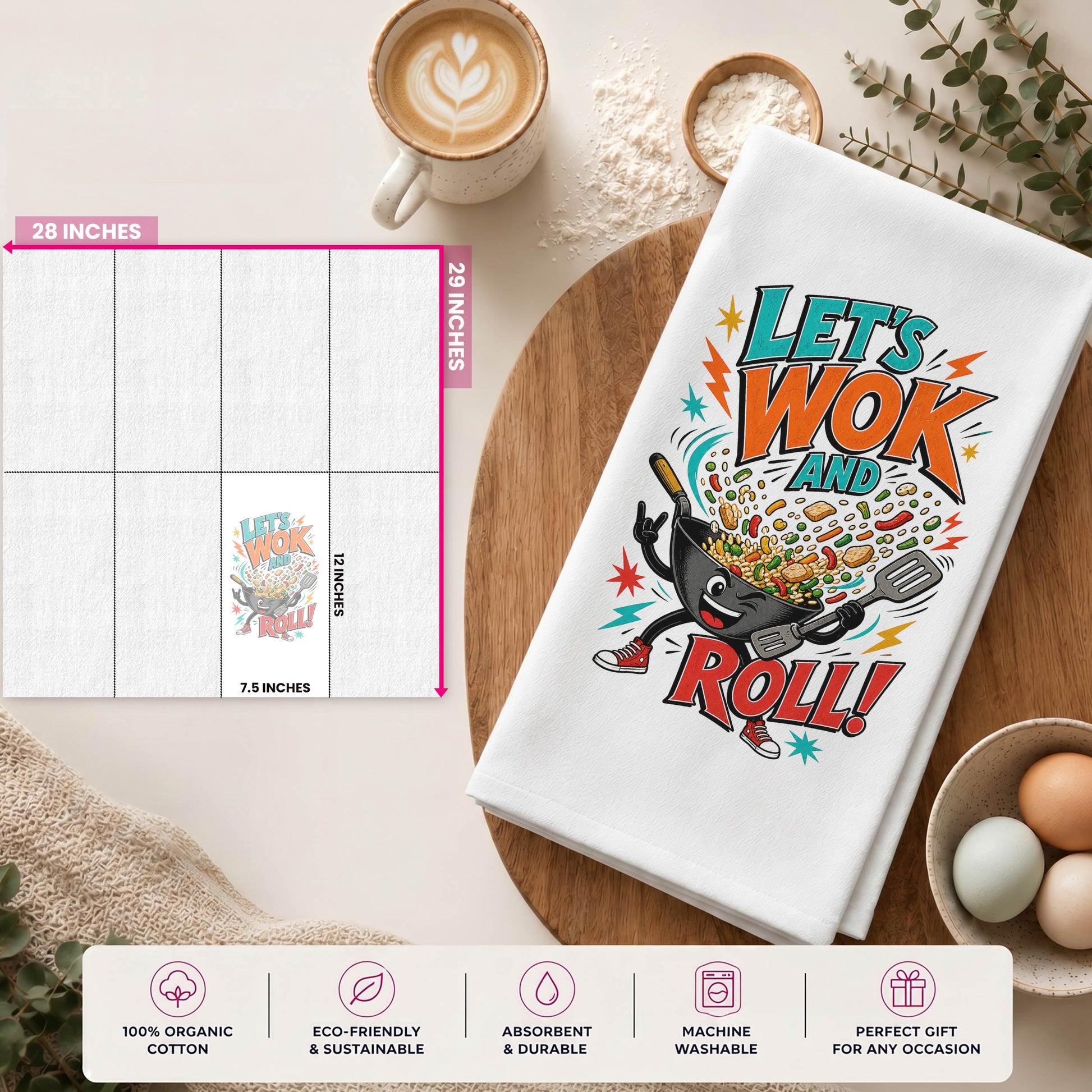 Let's Wok and Roll funny wok cooking pun towel size guide showing the 28 by 29 inch towel and 12 by 7.5 inch printed display area.