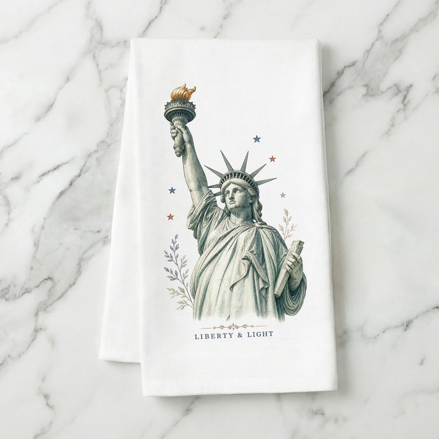 Liberty and Light Statue of Liberty tea towel styled on marble