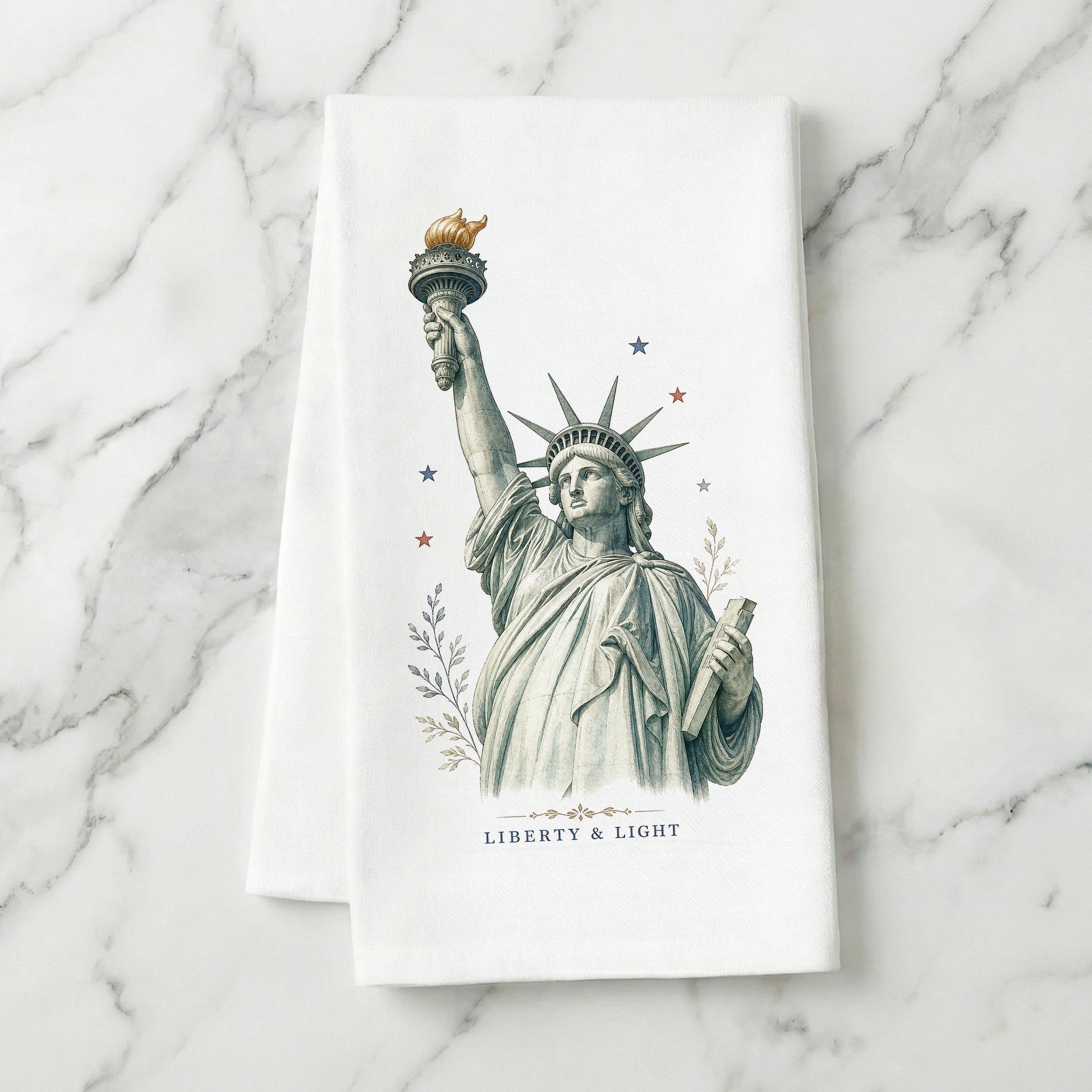 Liberty and Light Statue of Liberty tea towel styled on marble