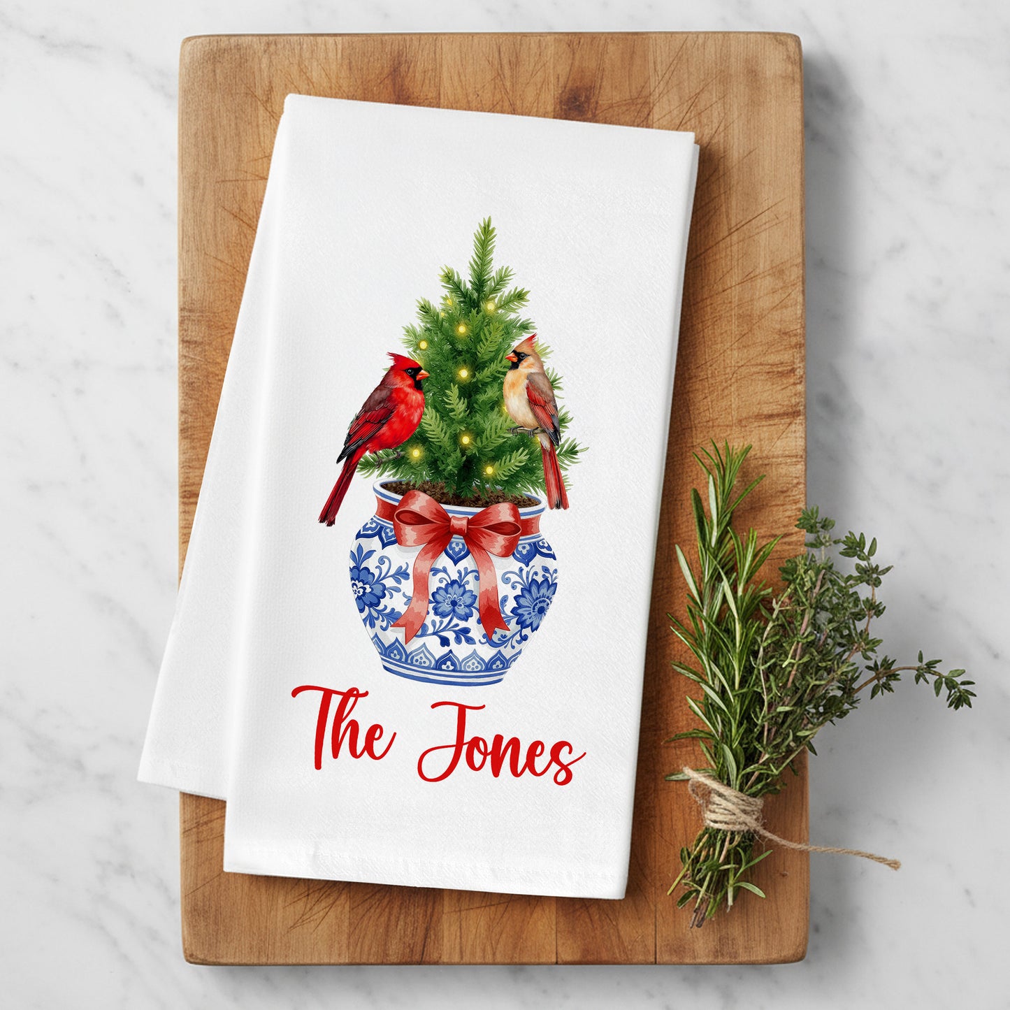 Chinoiserie Christmas Tree with Cardinals in Blue and White Vase Tea Towel