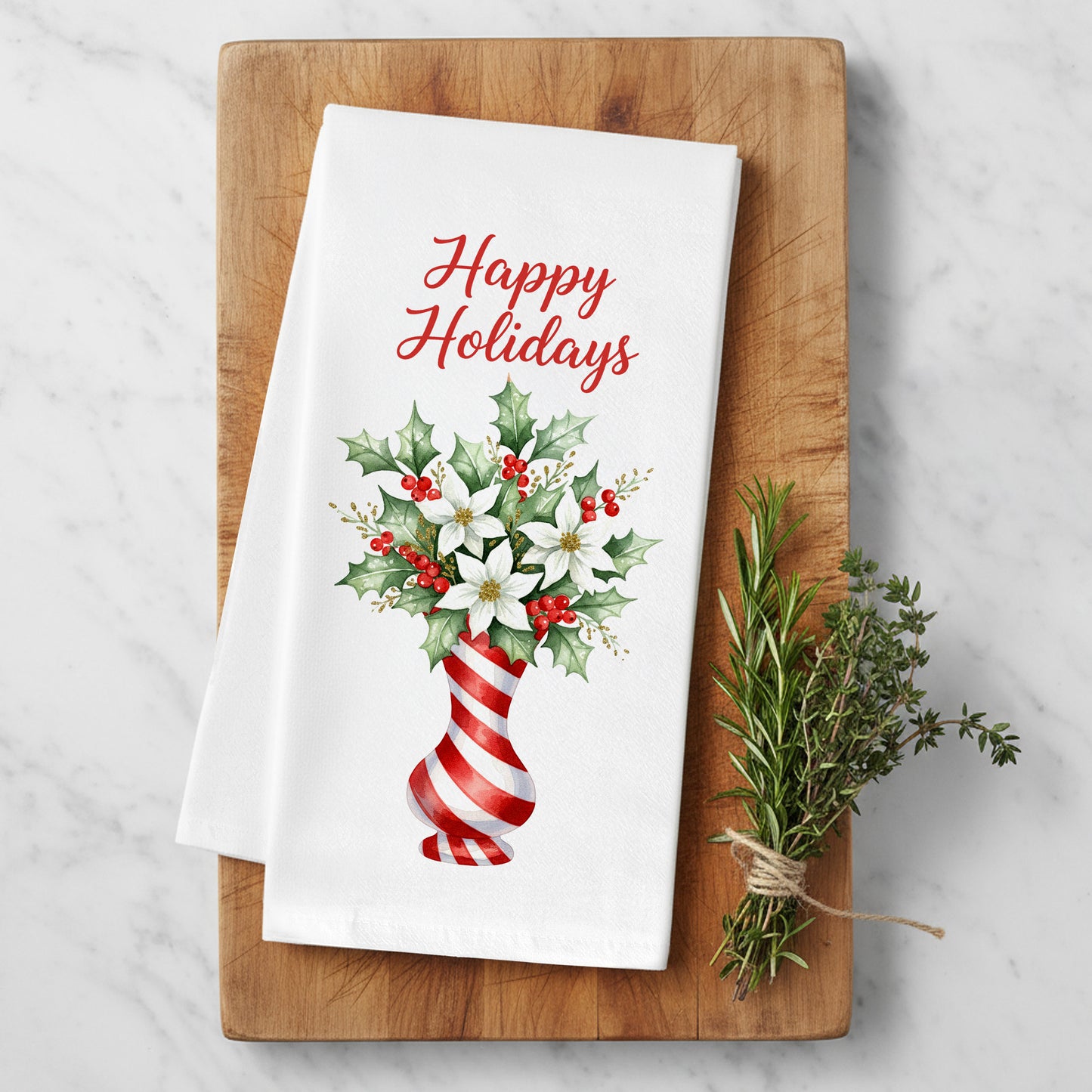 Candy Cane Tree and Poinsettia Vase - Holiday Tea Towels