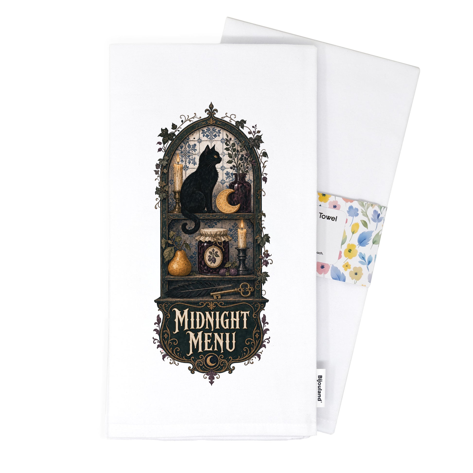 Folded Midnight Menu Black Cat Halloween Kitchen Towel presented with its paper belly band and woven label.