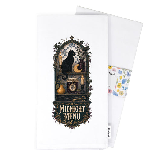Folded Midnight Menu Black Cat Halloween Kitchen Towel presented with its paper belly band and woven label.