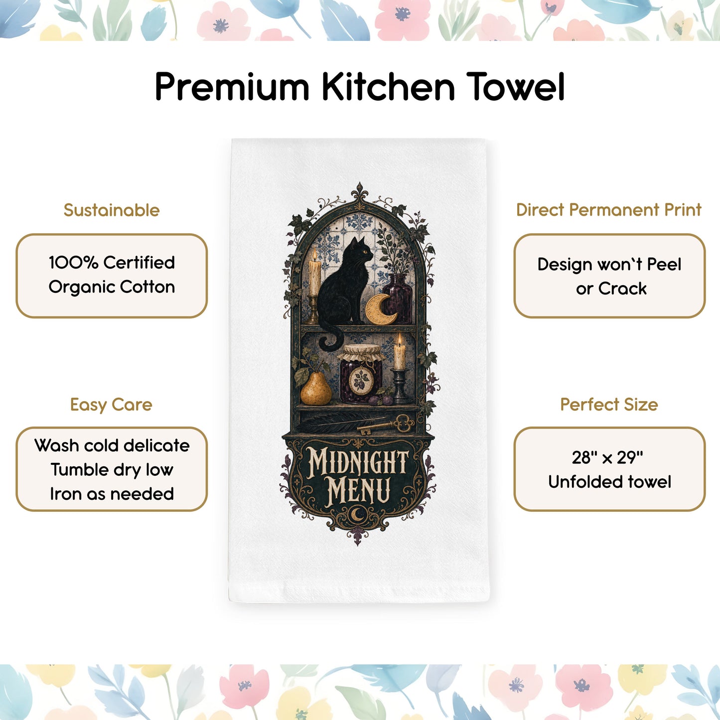 Product benefits graphic for the Midnight Menu Black Cat Halloween Kitchen Towel highlighting organic cotton, hemmed edges, and a hanging loop.