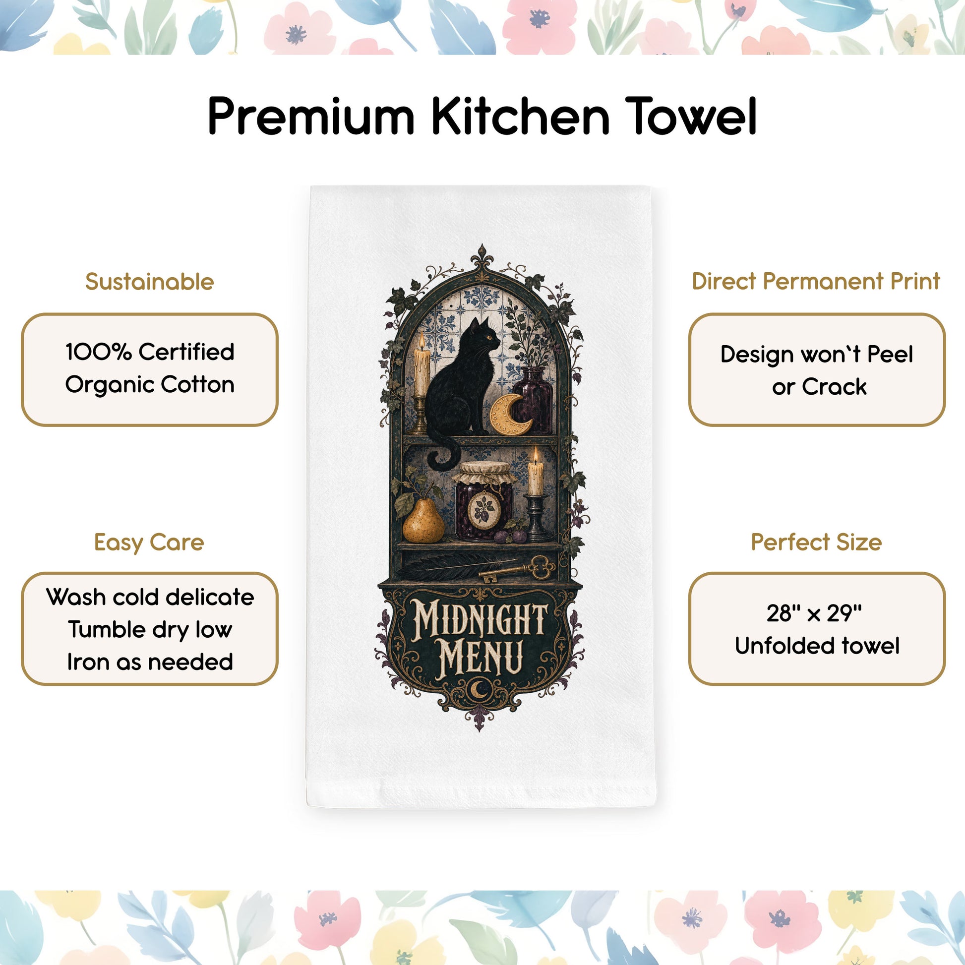 Product benefits graphic for the Midnight Menu Black Cat Halloween Kitchen Towel highlighting organic cotton, hemmed edges, and a hanging loop.