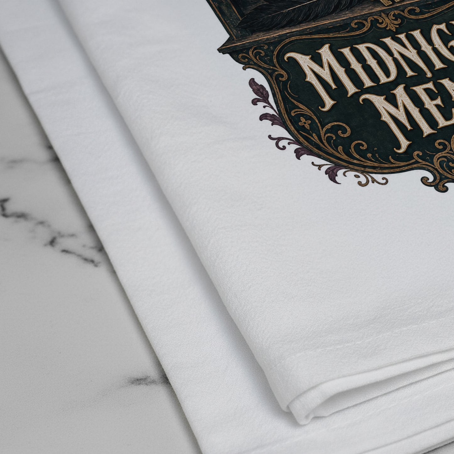 Close-up of the Midnight Menu Black Cat Halloween Kitchen Towel print showing black cat, candlelit pantry, moon cookie, pear, preserves, and antique details on white flour sack organic cotton.
