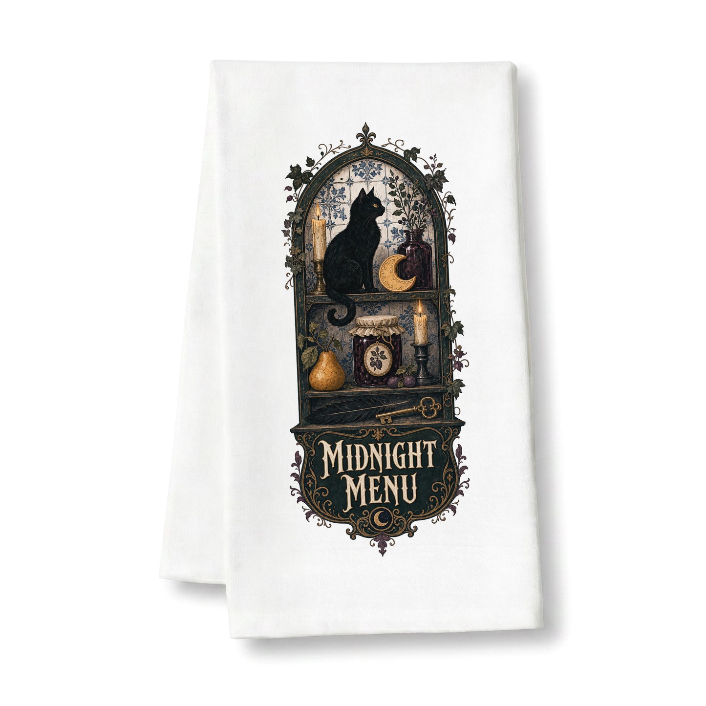 Midnight Menu Black Cat Halloween Kitchen Towel folded on a clean white background, showing black cat, candlelit pantry, moon cookie, pear, preserves, and antique details.