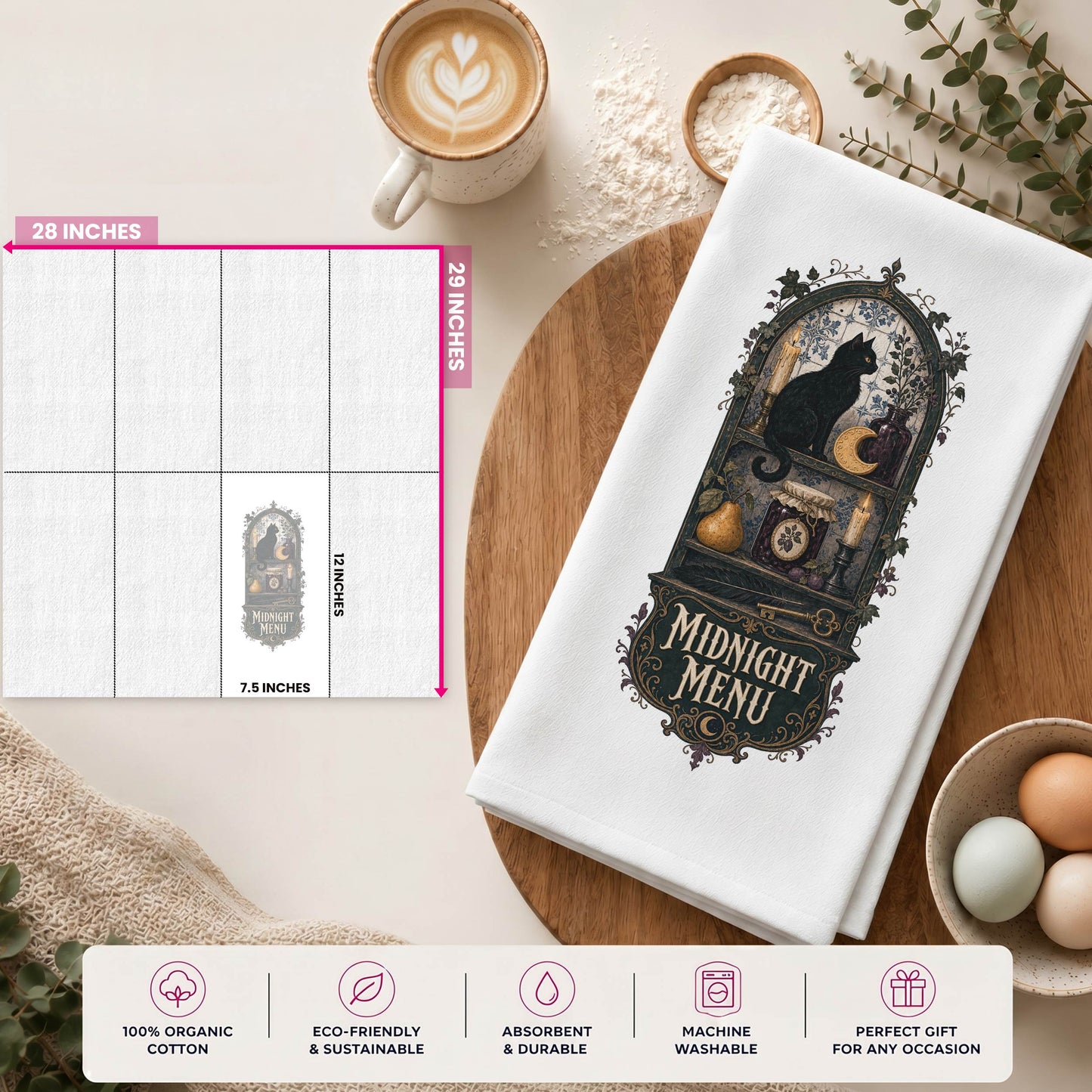 Midnight Menu Black Cat Halloween Kitchen Towel size guide showing the 28 by 29 inch towel and 12 by 7.5 inch printed display area.