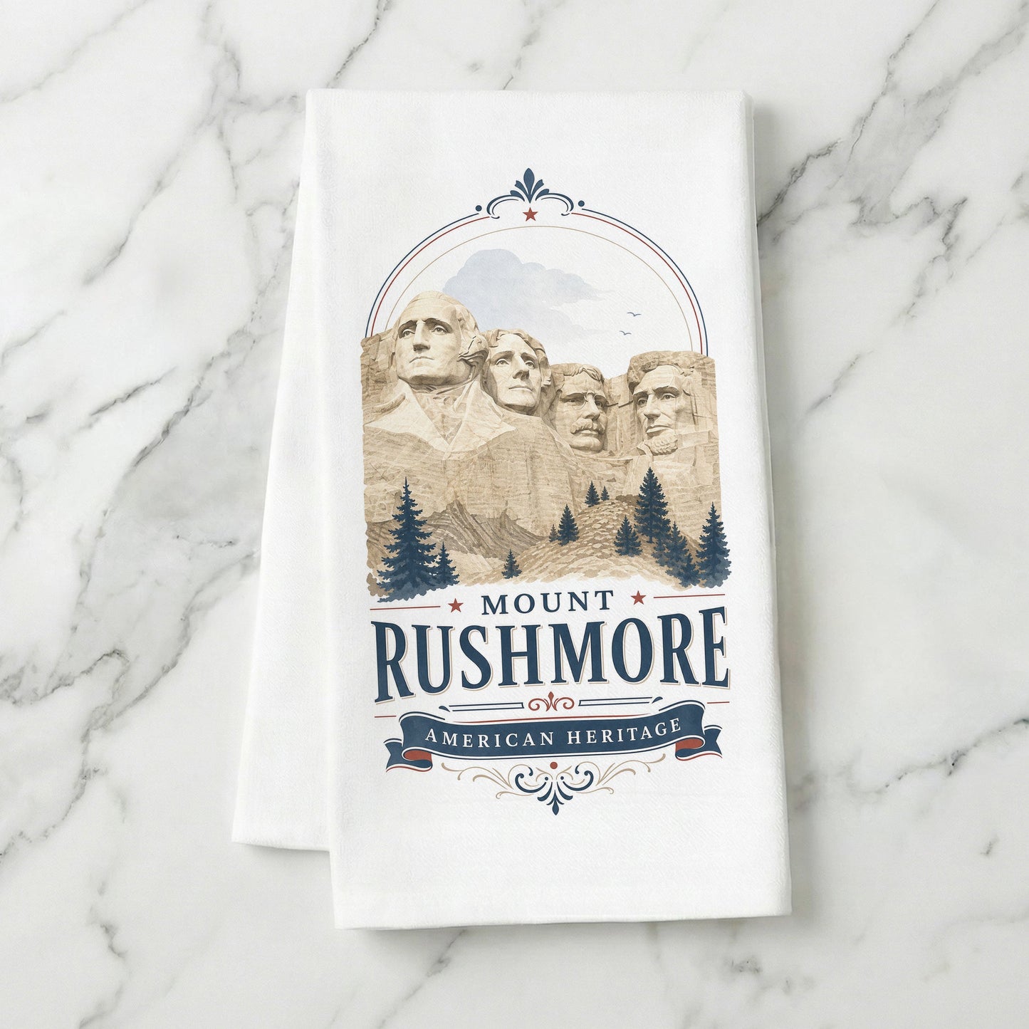 Mount Rushmore Heritage Tea Towel styled on marble