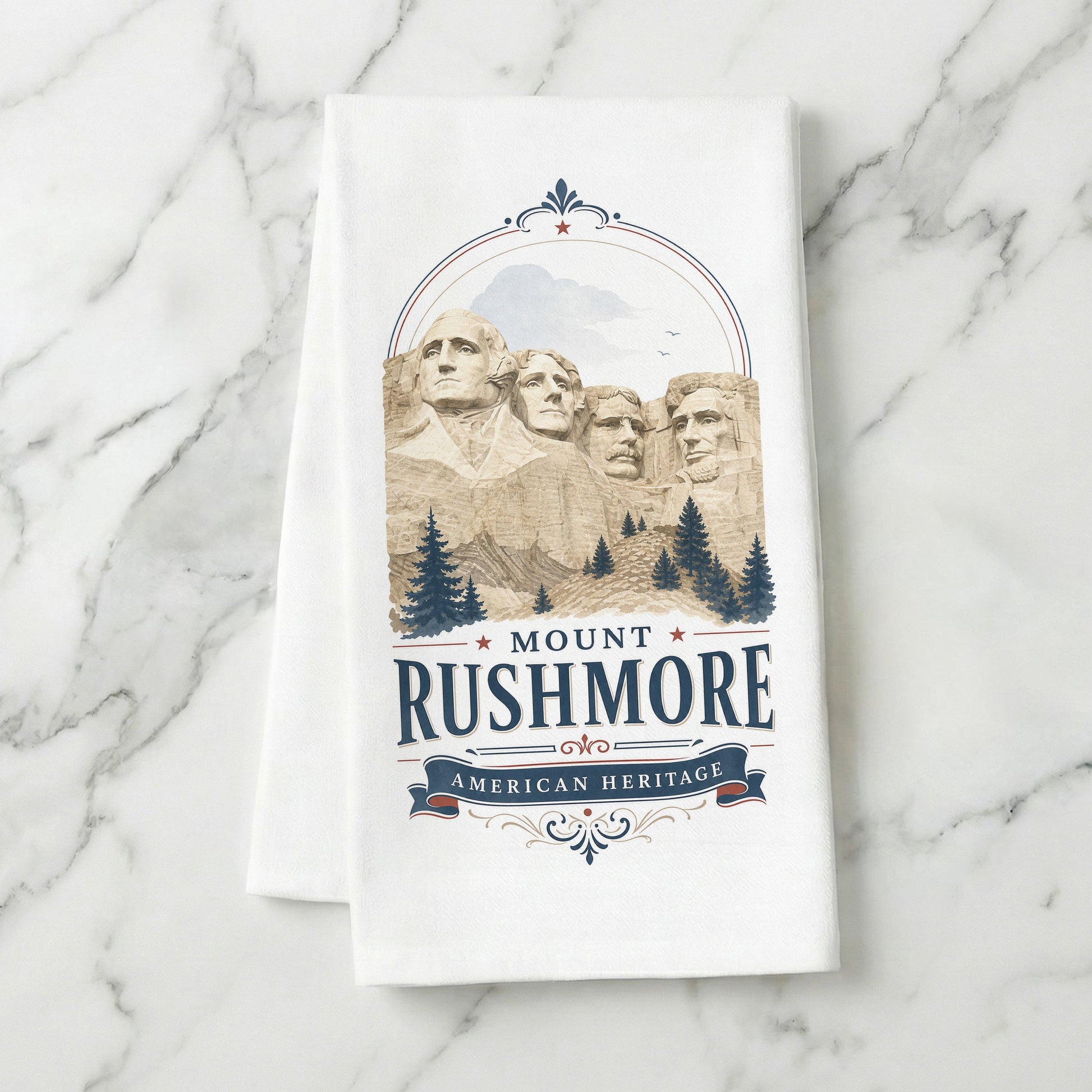 Mount Rushmore Heritage Tea Towel styled on marble