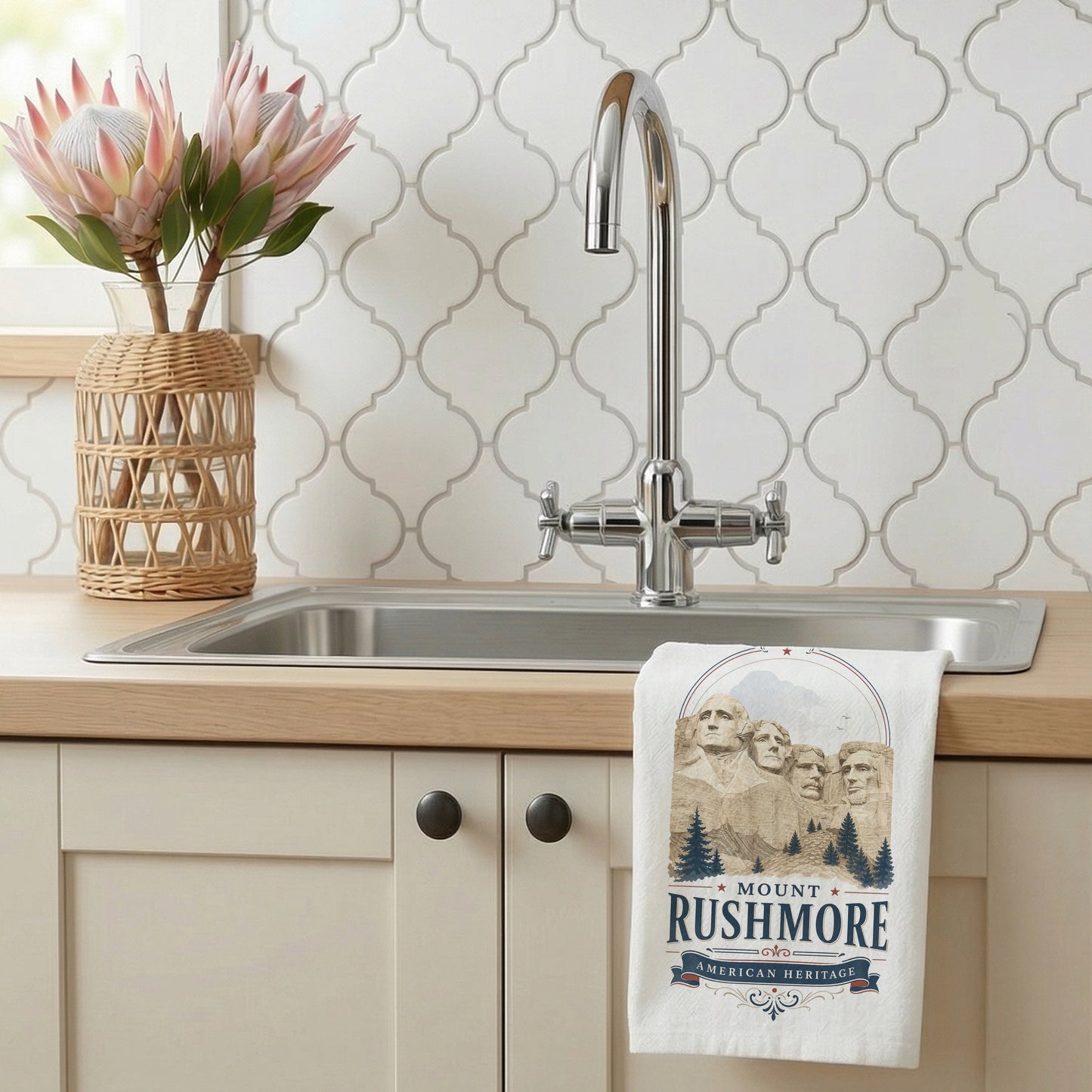 Mount Rushmore Heritage Tea Towel styled by a kitchen sink