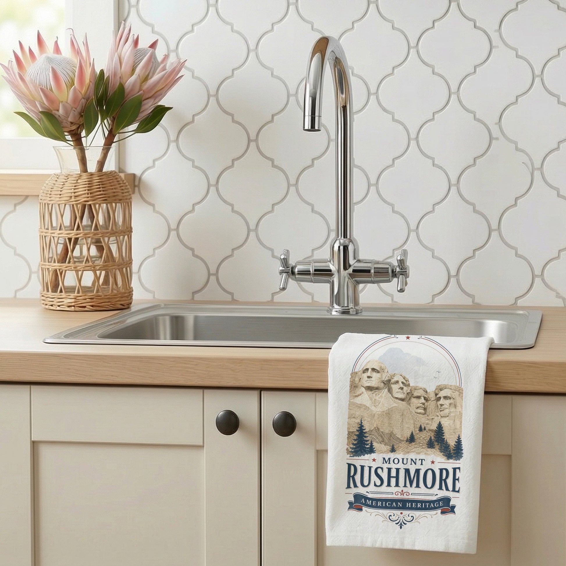 Mount Rushmore Heritage Tea Towel styled by a kitchen sink