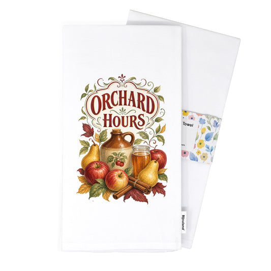 Folded Orchard Hours Apple Cider Tea Towel presented with its paper belly band and woven label.