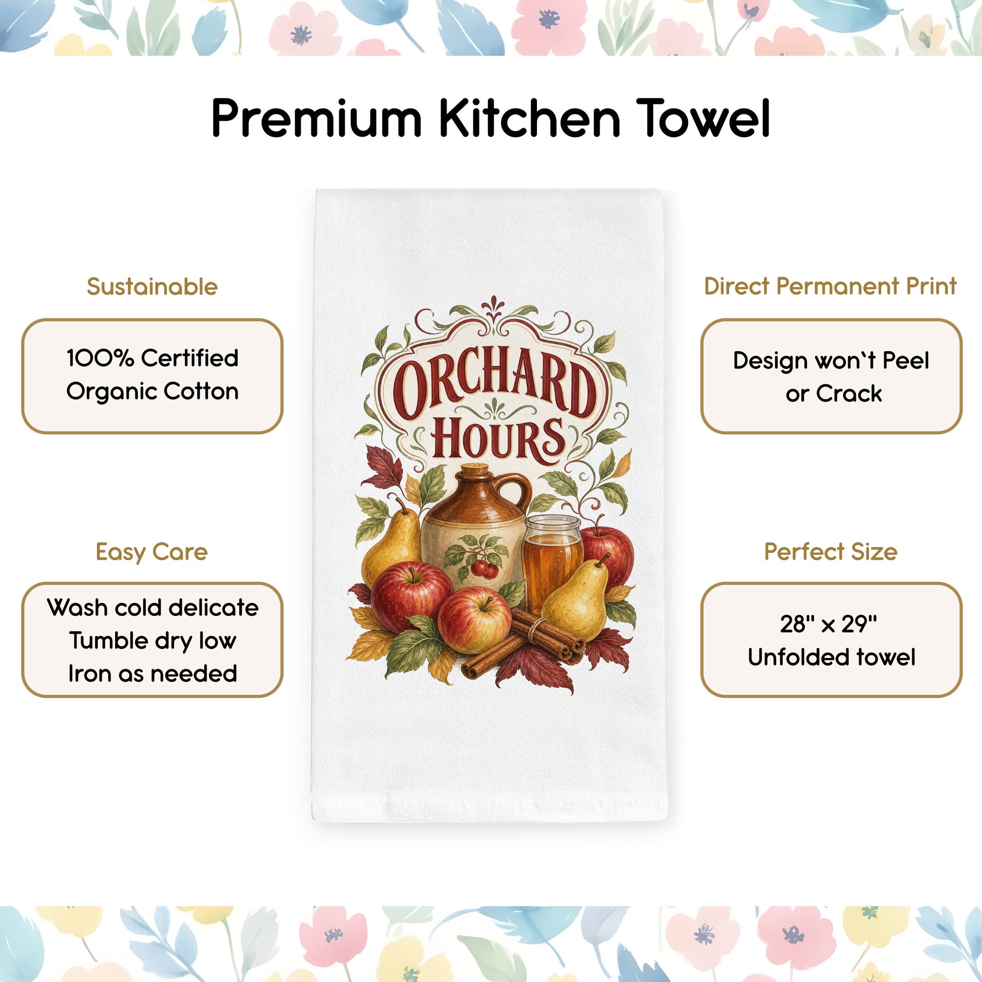 Product benefits graphic for the Orchard Hours Apple Cider Tea Towel highlighting organic cotton, hemmed edges, and a hanging loop.