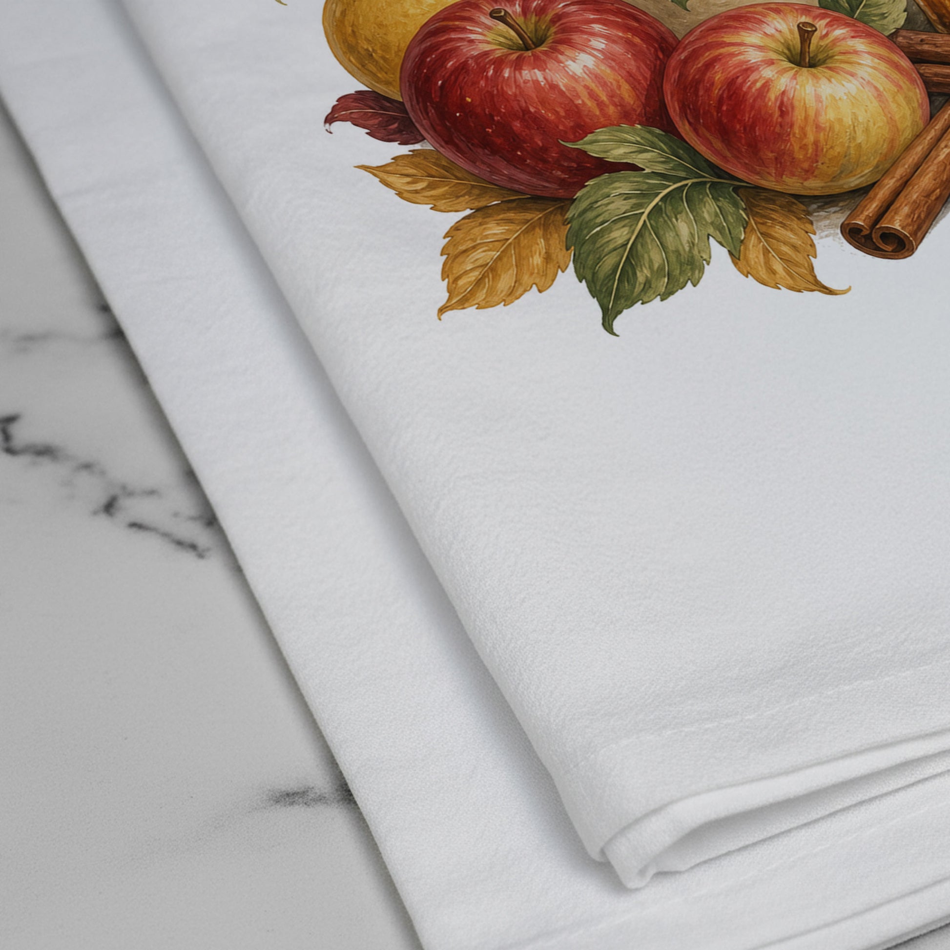 Close-up of the Orchard Hours Apple Cider Tea Towel print showing apples, pears, cider jug and glass, cinnamon sticks, leaves, and vintage lettering on white flour sack organic cotton.