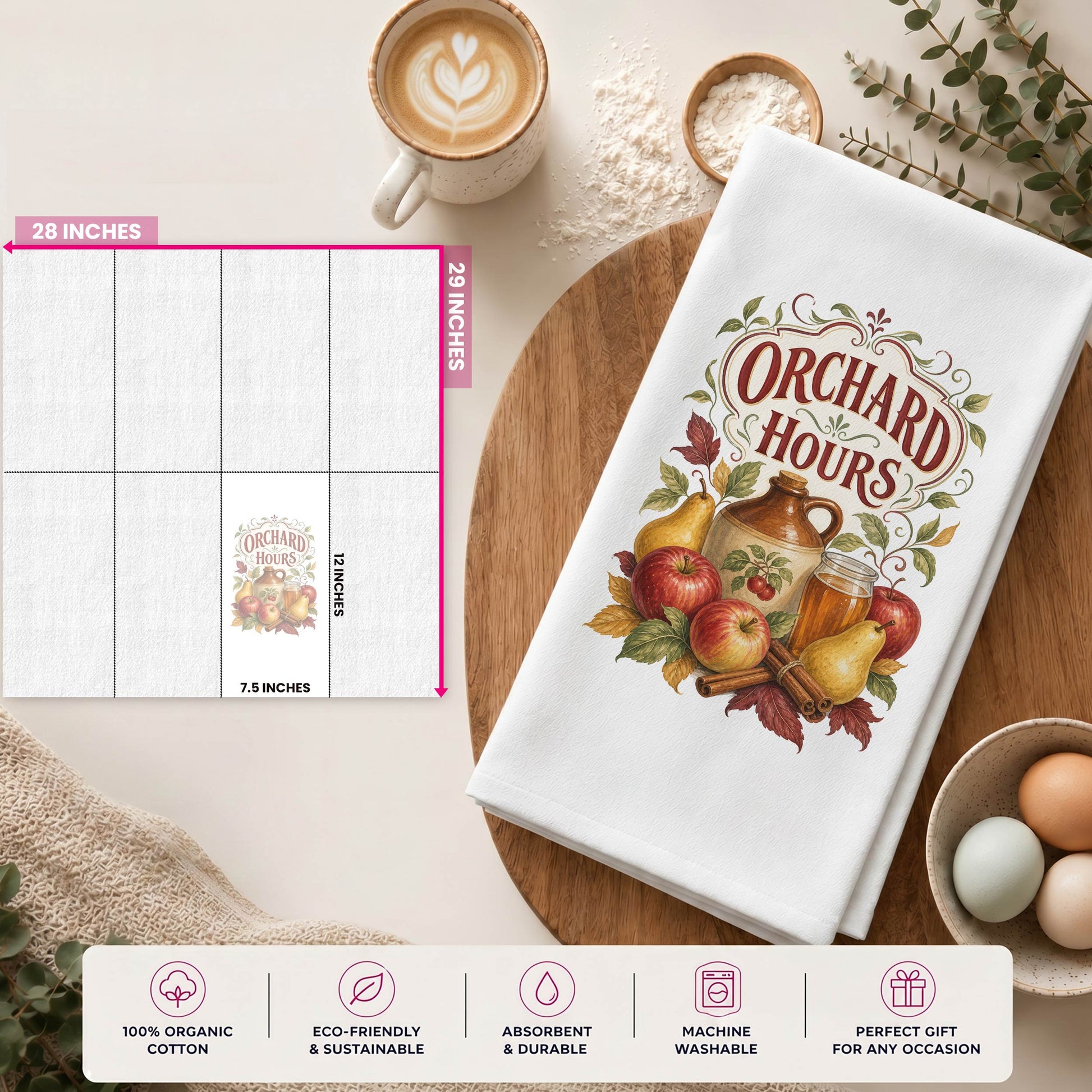 Orchard Hours Apple Cider Tea Towel size guide showing the 28 by 29 inch towel and 12 by 7.5 inch printed display area.