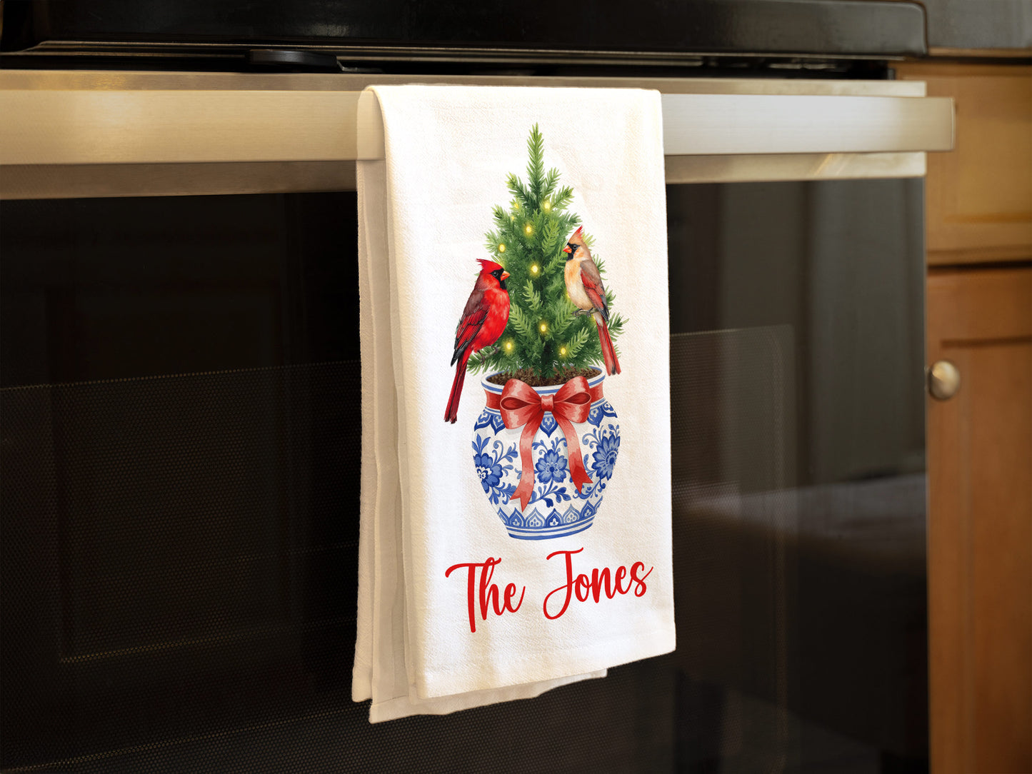 Chinoiserie Christmas Tree with Cardinals in Blue and White Vase Tea Towel
