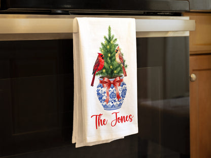 Chinoiserie Christmas Tree with Cardinals in Blue and White Vase Tea Towel