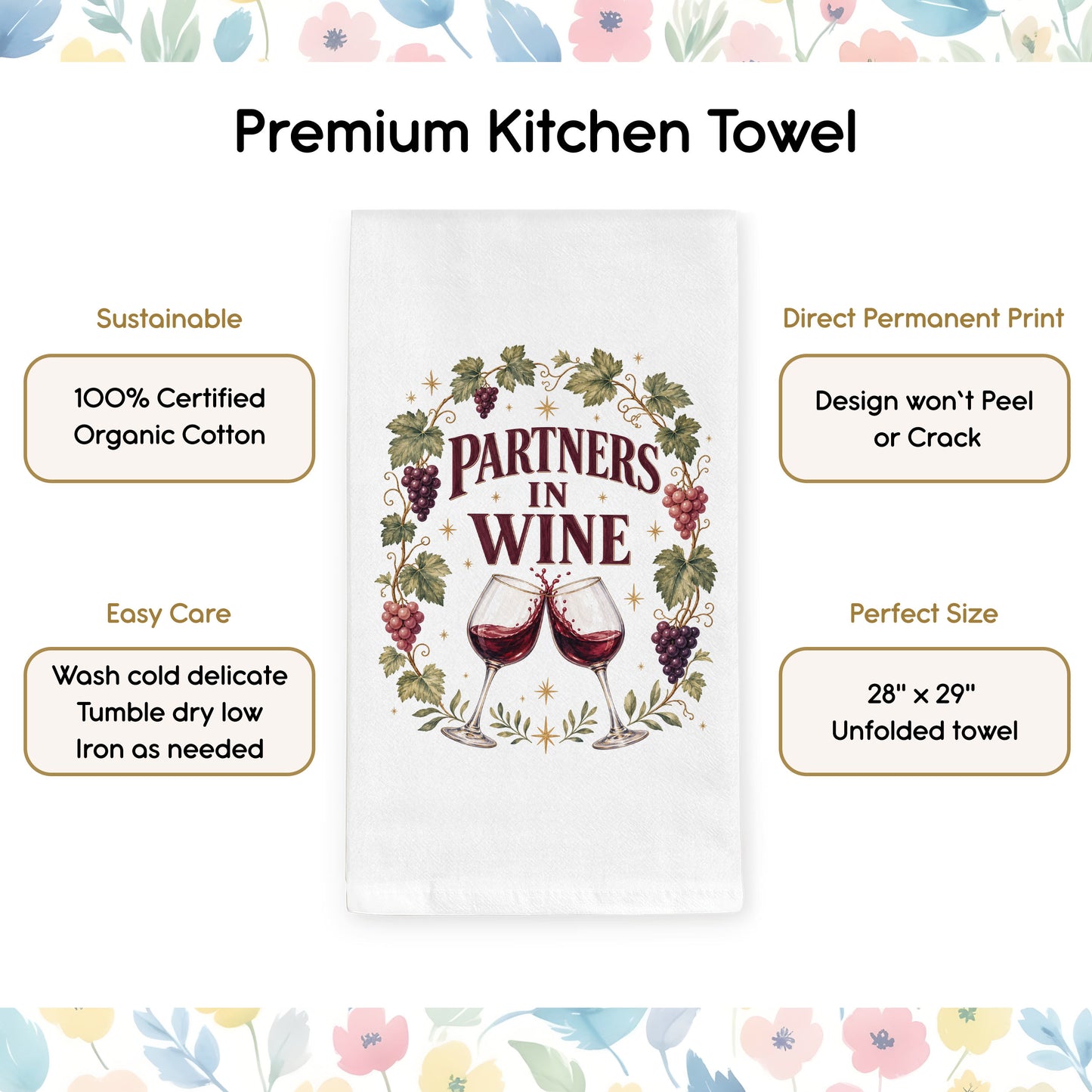 Partners in Wine towel benefits and organic cotton product details.