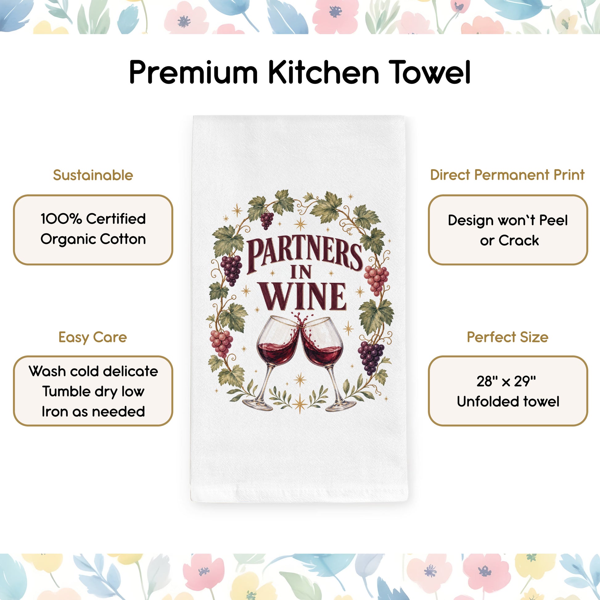 Partners in Wine towel benefits and organic cotton product details.