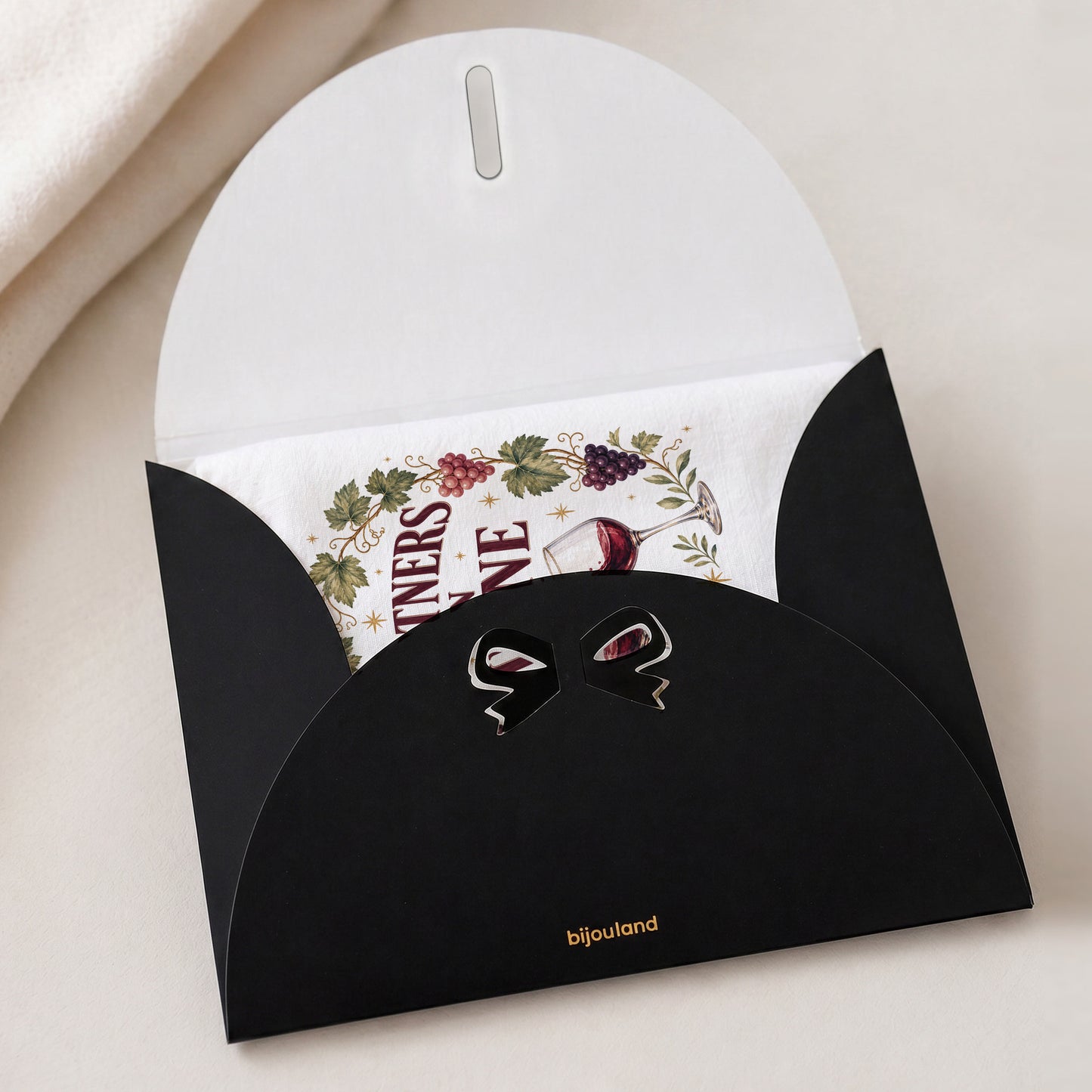 Partners in Wine tea towel presented inside the optional Bijouland gift envelope.