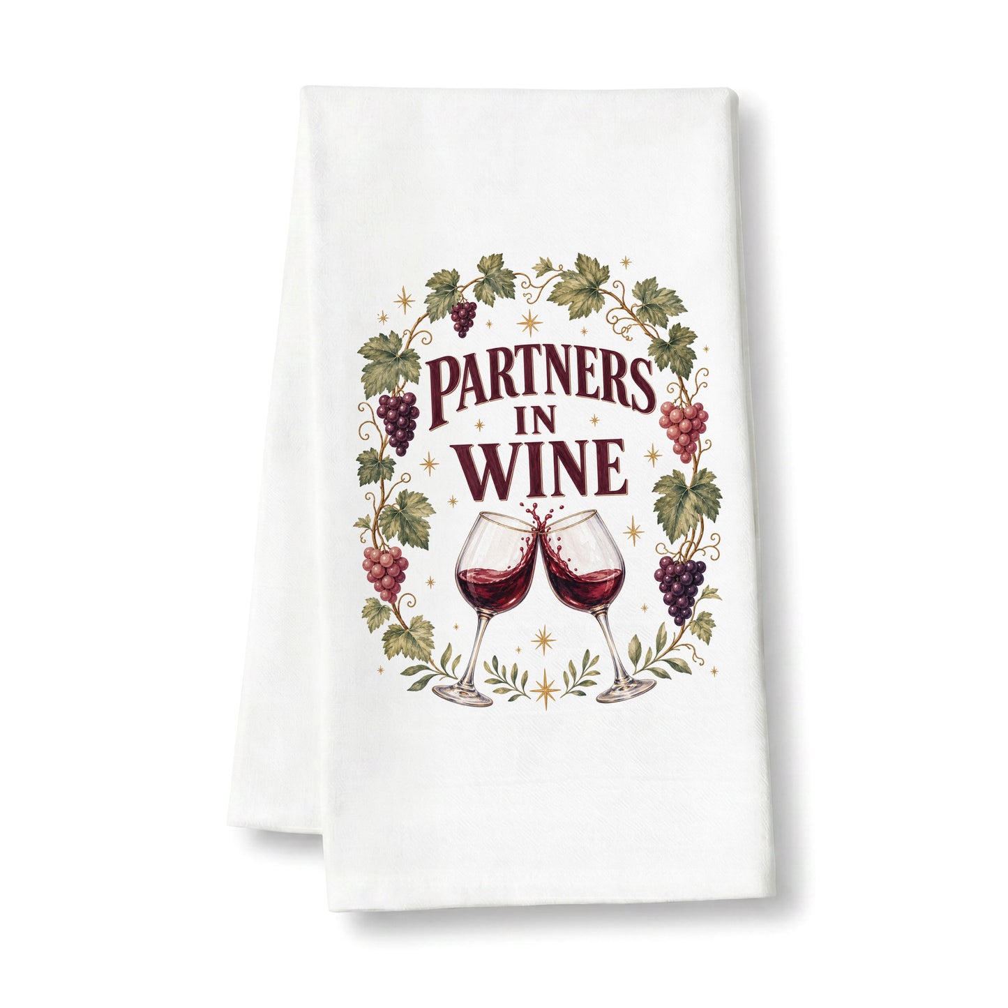 Partners in Wine organic cotton kitchen towel on a clean white background.