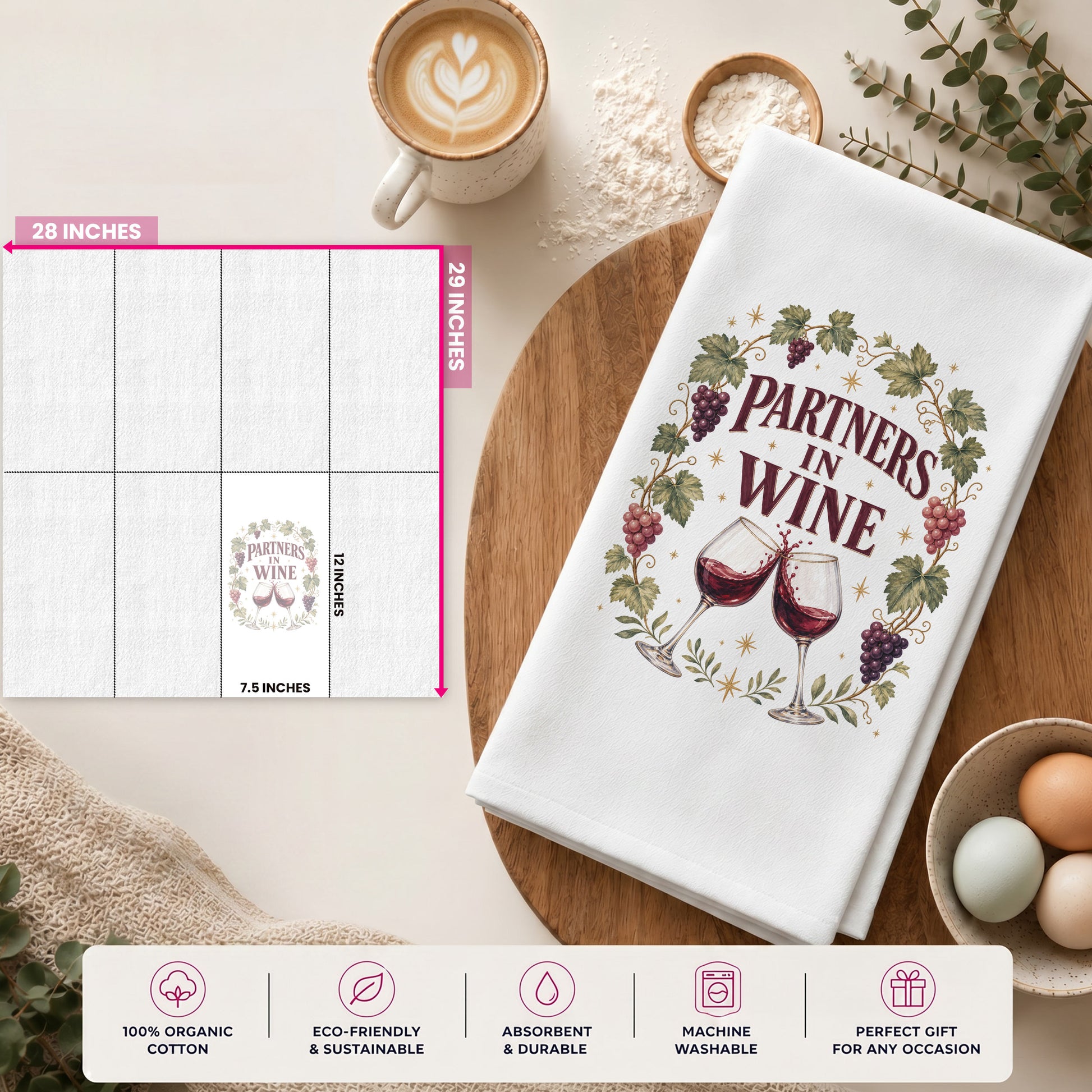 Partners in Wine towel size and folded artwork placement guide.