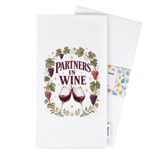 Partners in Wine organic cotton kitchen towel wrapped with the Bijouland belly band.