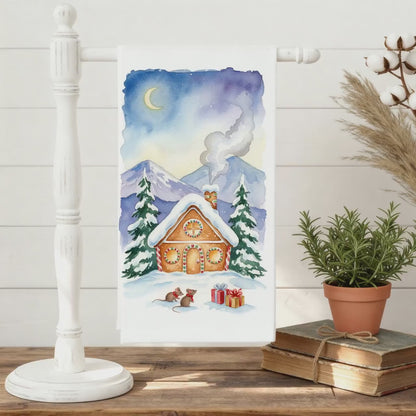 Watercolor Gingerbread House Tea Towel with Christmas Mice